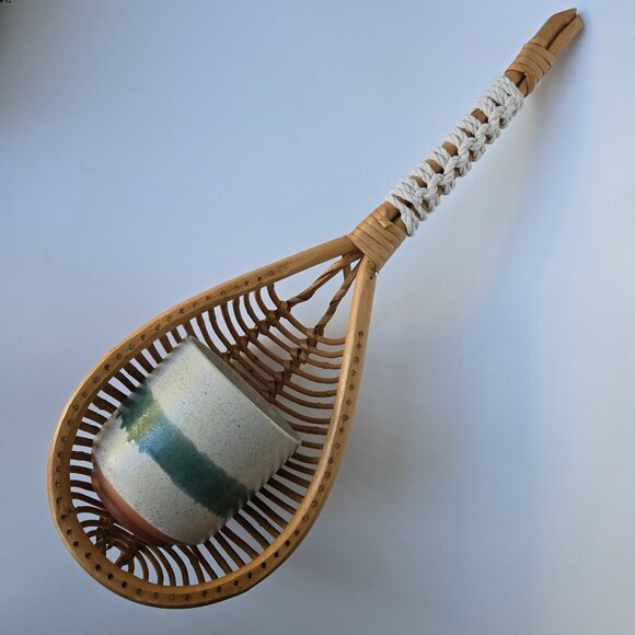 Hanging planter cache-pot rattan bamboo wicker ceramic pot macramé hook - Picture 3 of 7